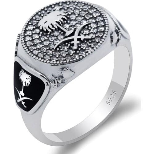 New 925 Sterling Silver Ring for Men Women Double Swords Man Ring with Clear CZ Palm Tree Vintage Islamic Ring Turkish Jewelry