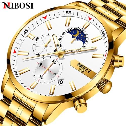 NIBOSI New Watches Mens Top Brand Luxury Clock Casual Stainless Steel Moon Phase Men Watch Sports Waterproof Relogio Masculino