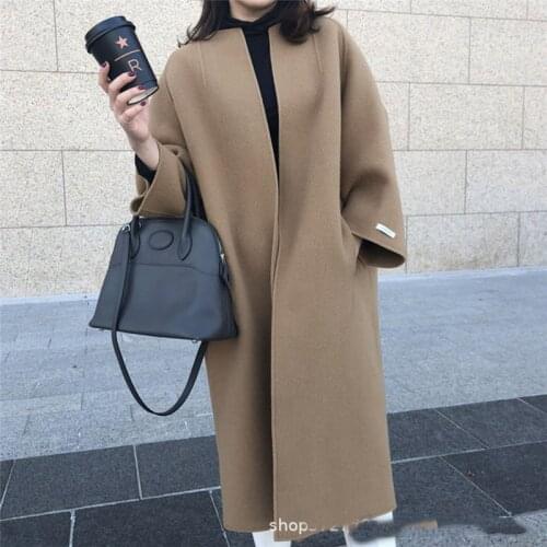 Autumn and winter double-sided temperament beltless brown solid color lapel Korean style straight loose ladies windbreaker