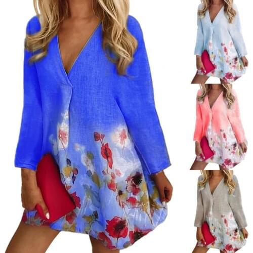 2021 SANWOOD Autumn Dress Vintage Floral Print Boho V Neck Women Long Sleeve Large Hem Dress for Daily Wear
