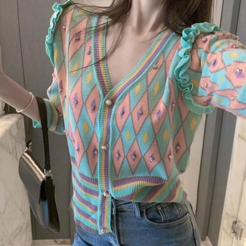 Autumn Cardigan Women Vintage Plaid Long Sleeved Sweater Coat Korean Fahion V-Neck Button Short Knitted Jacket Loose Knitwear