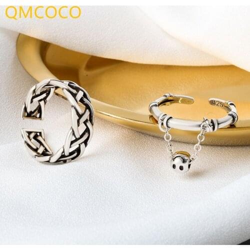 QMCOCO 925 Sterling Silver Rings Fow Women Smiling Face Ring Thai Silver Open Adjustable Rings For Women Jewelry Accessories