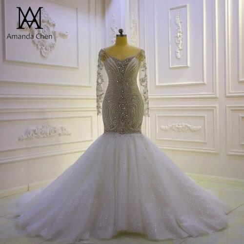 Vestido longo Long Sleeve Crystal Beading Luxury Mermaid Wedding Dress