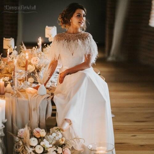 Luxury Feather Wedding Dresses Detachable Cape Sweetheart Bridal Gowns Boho A Line Vestido De Noivas DW429
