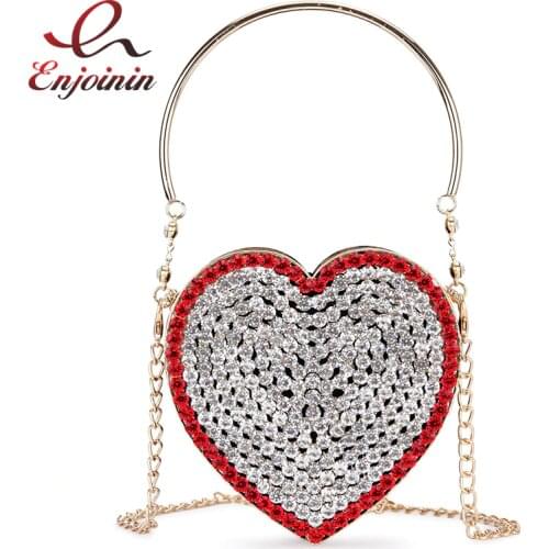 Luxury Diamond Heart Shape Evening Clutch Bag for Women New Hollow Out Metal Cage Ladies Rhinestone Chain Purses and Handbags