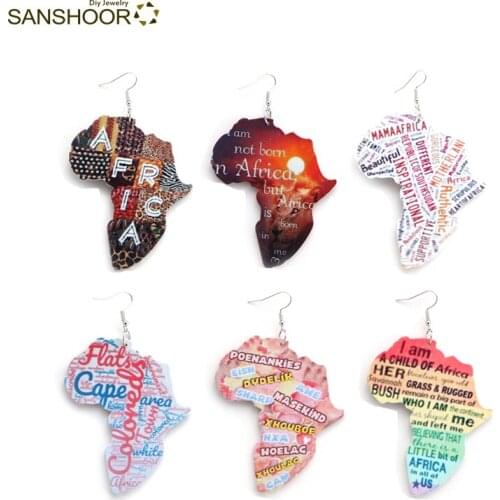 SANSHOOR Mixed One Side Print Drop Earrings Handmade African Positive Black Sayings Map Wooden Earrings for Woman 6Pairs