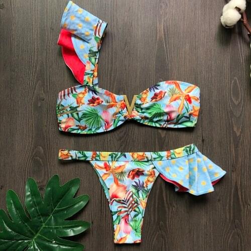 2020 Sexy Bikinis Women Swimsuit Tropical Print Swimwear Brazilian Bikini Set Ruffle Bathing Suit Beachwear Biquini female