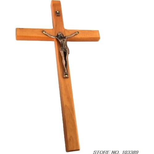 2PCS/PACK 25cm orange color birch wood wall cross antique copper plating zinc alloy jesus statue wooden wall crucifix
