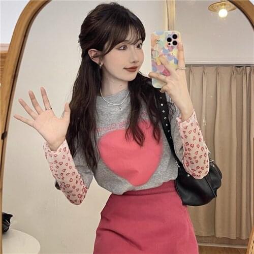 T-shirt Summer Womens Design Sense Blouse New Korean Version Loose Thin Section Printing Stitching Mesh Long-sleeved T-shirt