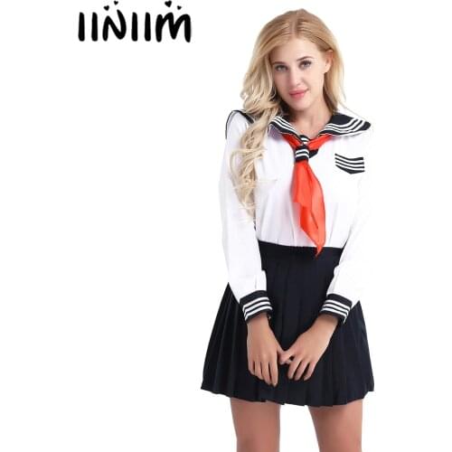 Women Girls Cosplay Costume Sailor School Uniform Dress Up Suit Long Sleeve Shirt with Pleated Skirt and Triangle Neckerchief