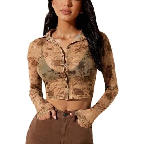 Y2K 2021 Women Button-down Shirt Adults Plant Print Long Sleeve Turn-down Collar Crop Tops