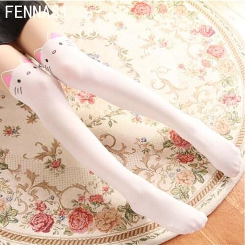 FENNASI Lolita Womens Tights Cute Cat White Pantyhose Print Kawaii Stockings Female Splicing Fake Cosplay Maid Outfit Japanese