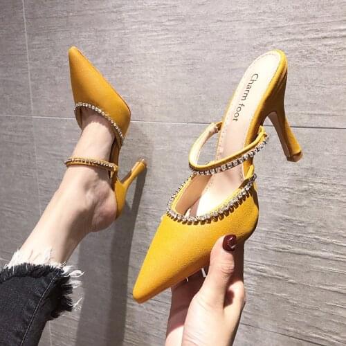 Elegant crystal front band single women shoes summer sexy pointed toe pumps european stilletto super high heels femmes chaussure