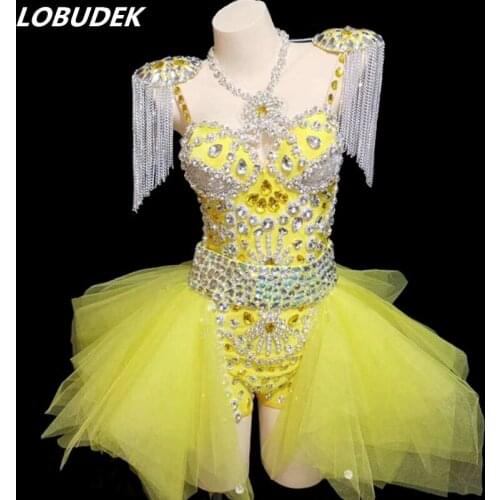 Bodysuit+Epaulet+Skirt) Yellow Women Set Fashion Luxury Stage Wear DJ Singer Bar Nightclub Concert Performance Costume Outfits