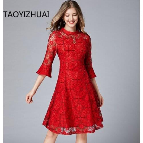 Women plus size dresses Red brand fashion embroidery middle sleeve fashion versatile casual dress