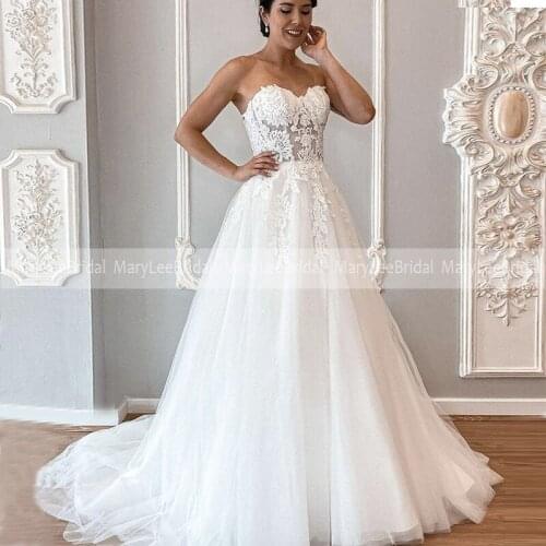 New Arrival Illusion Wedding Dresses Sweetheart Neckline Floral Aplique White Tulle Bride Wedding Gowns Robe Mariage Civil