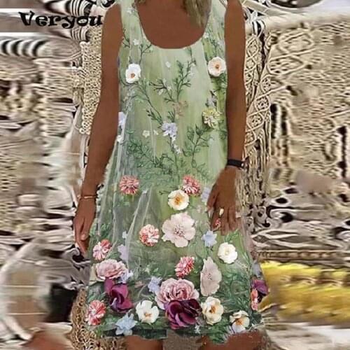 Plus Size Women Fashion Loose Casual Floral print sleeveless Floral print Round neck Summer Dress Women Dresses Summer 2021