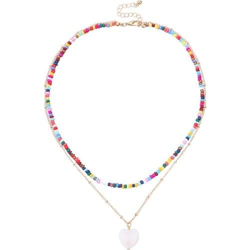 1pc Bohemian Style Double Layer Necklace Shell Design Heart Chain Pendant Necklace Bead Necklace Jewelry Accessories
