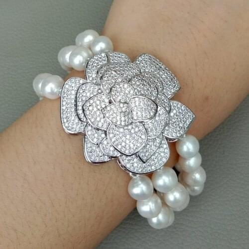 3rows White freshwater Pearl White Gold Plated Cz pave Flower Bracelet