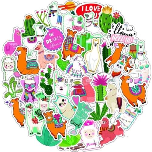 50Pcs Cactus Llama Alpaca Waterproof Sticker Kawaii Cartoon Camel Sheep Animal Stickers for Kids Scrapbooking Bike Car Decals