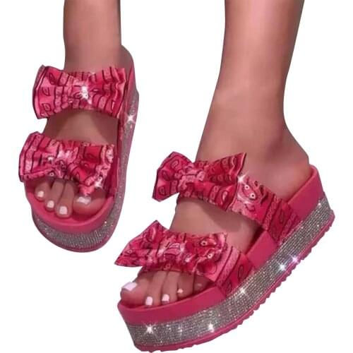 Large Size Bow Sandals 2021 Women New Thick-soled Mid-heel Rhinestone Satin Slippers Outdoor Wild Beach Ms Flip Flop 36-43