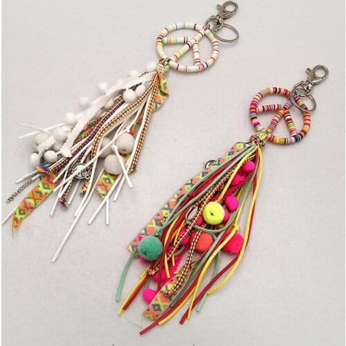Handmade Peace Symbol Keychain Key Rings Rainbow Colorful Long Tassel Pendant Bag Rings Women Fashion Bohemian Charm Key Chain