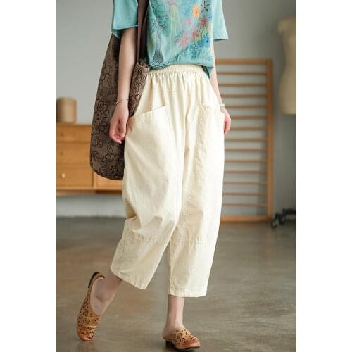 21New Women Pants Summer Casual Loose Solid Color Pockets Female Calf-Length Harem Trousers Fashion Wild