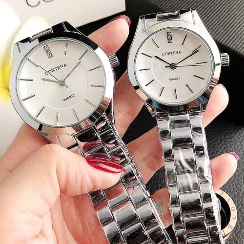 Hot Selling Couple Watches Silver Stainless Steel Set Lovers Watch Quartz Wrist Watches For Women & Men Analog Pair Wristwatches