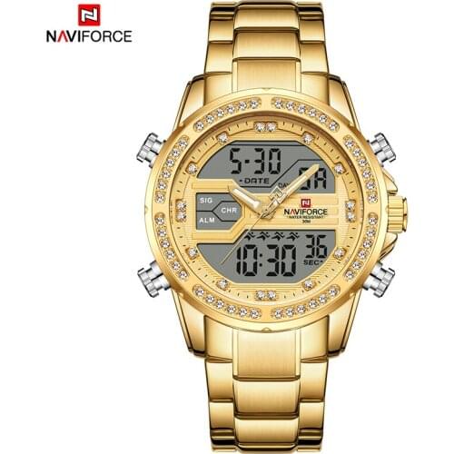 NAVIFORCE Luxury Gold Diamond Watches for Men Military Sport Waterproof Quartz Clock Dual Display Chronograph Male Wrist Watch
