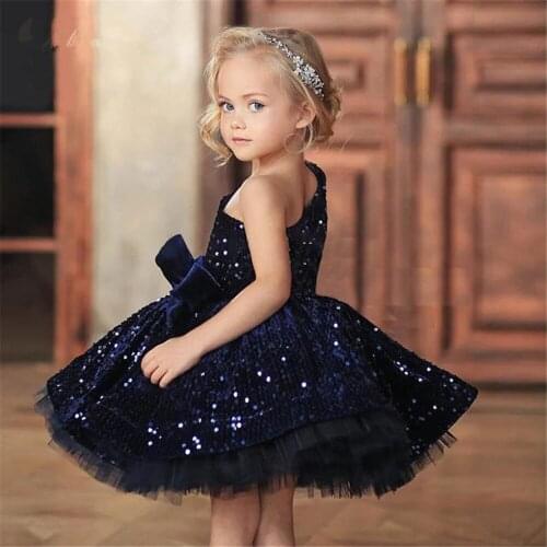 Kids Glitter Party Dresses Puffy Royal Blue Girl Princess Gowns One Shoulder Flower Girl Dresses Kids Baby Prom Wear