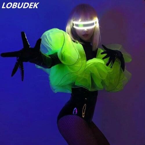 Fluorescent Green Black Leather Bodysuit Gothic Style Stage Show Dance Costume Bar Lead Dancer DJ Singer Performance Clothes