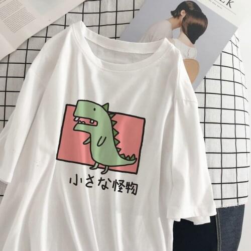 Dinosaur summer new cartoon casual punk Harajuku Vintage fun fashion ins cute sweet loose large size short sleeve T-shirt