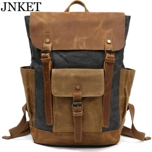 JNKET New Vintage Men Canvas Backpacks Crazy Horse Leather Rucksacks Laptop Bagpack Mountaineering Travel Pack