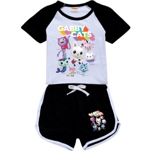 Summer Kids Gabby Cats T-shirt 3D Cartoon Printed Pullovers Leisure Fashion Children Boys Girls Sports T Shirts + Pants Set