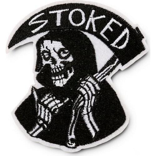 Hot! Stoked Grim Reaper Iron On Patch Skeleton Skull Death Shaka Surfer Skater Punk (Size is about 7.2-7.8 cm )