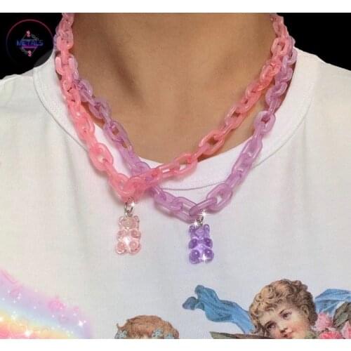 Fashion Punk Pink bear Necklace Charms vintage Hip Hop Jewelry For Women Harajuku Gothic Choker Chains Accessories