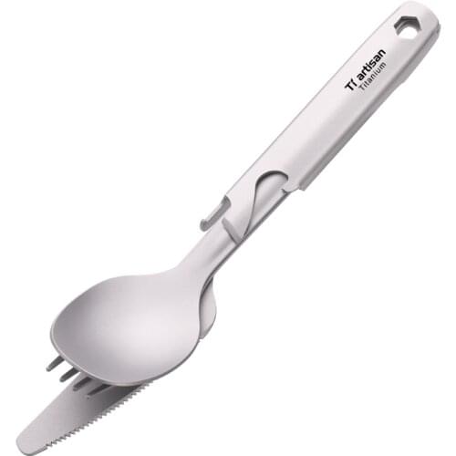 Tiartisan New arrival Titanium cutlery set 4pcs kinfe fork spoon and bottle opener in one case for Outdoor Camping Travel Hiking