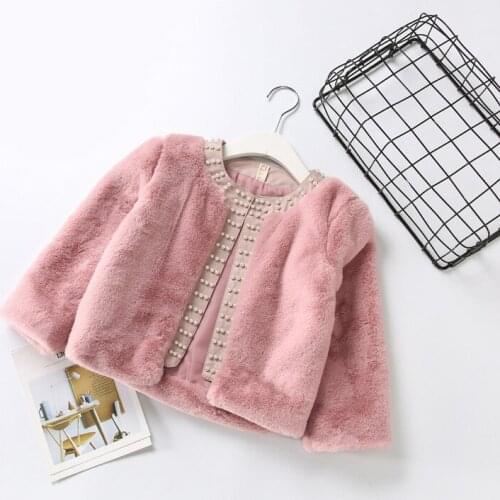 Baby Girls Clothes Warm Fur Bunny Faux Fur Coats Pearls Girls Outerwear & Coats Children Toddler Tops Winter pink white 2-6Y
