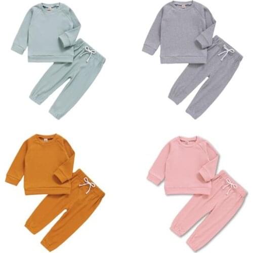 Autumn Infant Toddler Long Sleeve Round Neck Pullover Ribbed Outfits Drawstring Trousers Solid Color Children Pajamas Set