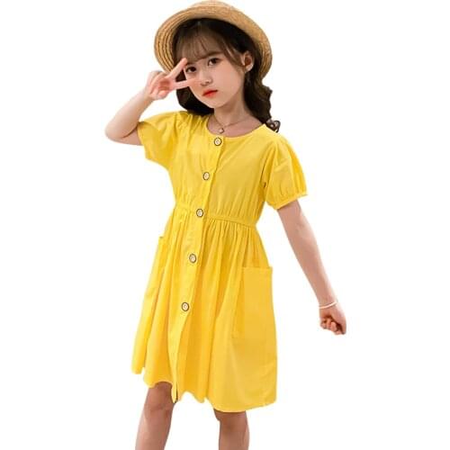 Girl Dresses Pockets Girls' Dresses Solid Color Children Dress Summer Girls Costumes Kids 6 8 10 12 14