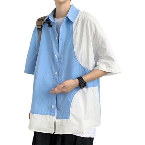 Shirts Men Fashion Color Contrast Short Sleeves Turn-down Collar Men Loose Casual Top Shirt Mens Clothing 2021