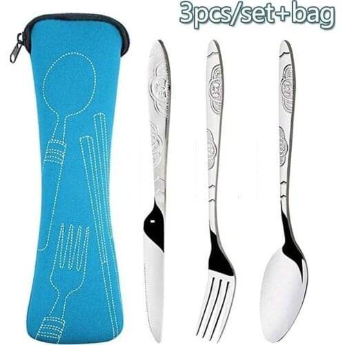3pcs/bag Dinnerware Portable Printed Stainless Steel Spoon Fork Steak Knife Set Travel Cutlery Tableware with Bag