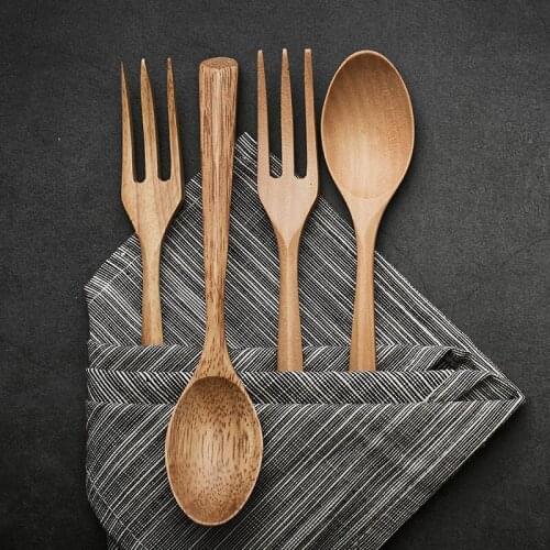Japanese Style Natural Pure Color Creative Triangle Handle Wooden Spoon Fork Set Original Tableware LZ