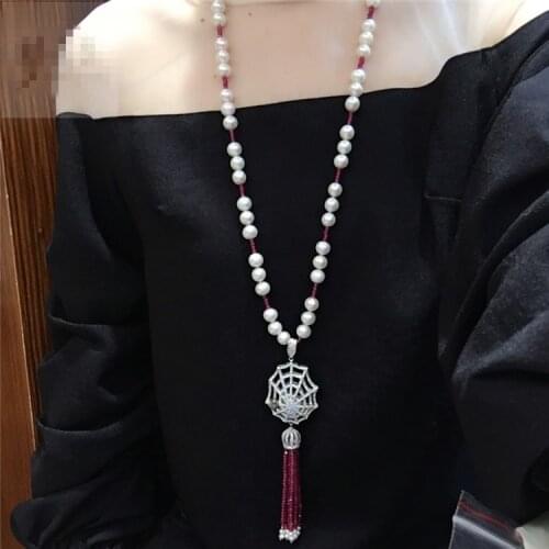 Hand knotted natural 8-9mm white nearl round freshwater pearl red stone micro inlay zircon tassel necklace fashion jewelry
