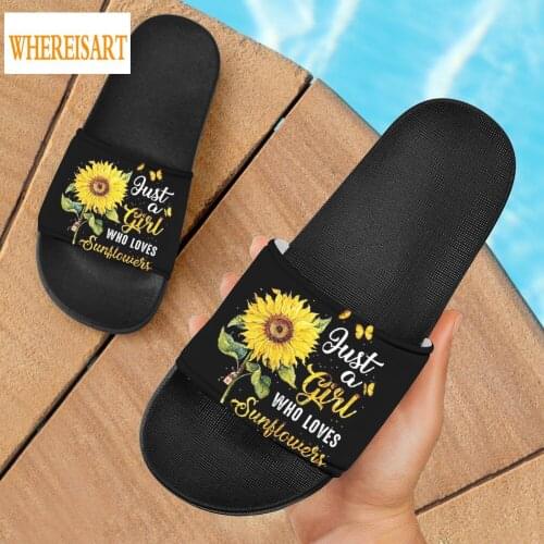 WHEREISART Yellow Flower Sunflower Pattern Summer Women Slides Slippers Home Ladies Sandals Flip Flops Zapatos de Mujer 2021