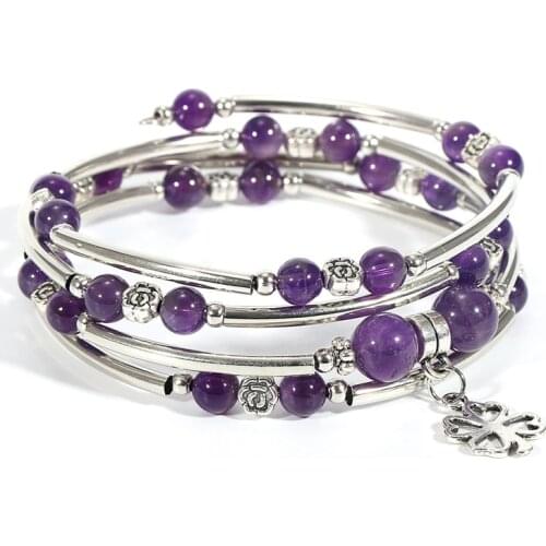 Women Girls Natural Stone Strawberry Purple Crystal Bracelet Copper Tube Onyx Tiger Eye Beads Wrist Chain Fashion Jewelry Gifts