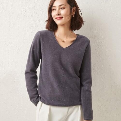 LHZSYY 2021 Autumn and Winter New Sequined Wool Womens V-neck bottoming Sweater wild loose Pullover Sequined Cashmere Sweater