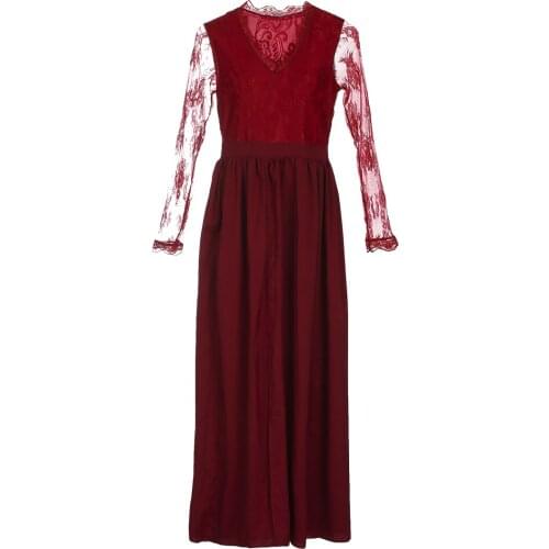 Women Lace Evening Party Formal Evening Long Dress Sexy V neck Ladies Lace Sleeve Dresses