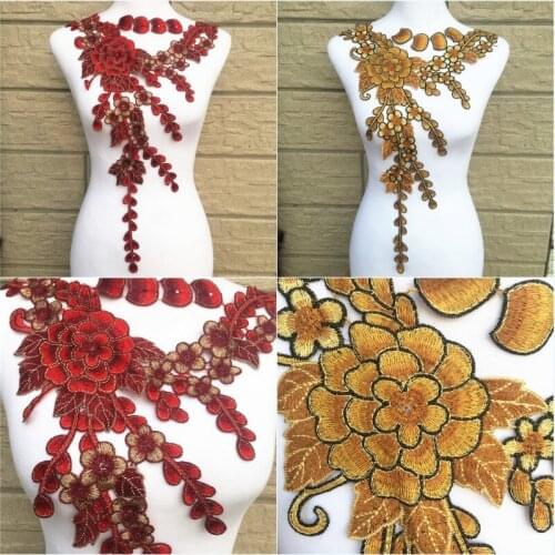 1pc Large Size Red/yellow Embroidered Lace Neckline Collar Embellishment Applique Patches Trim Sewing Supplies for Women Gift