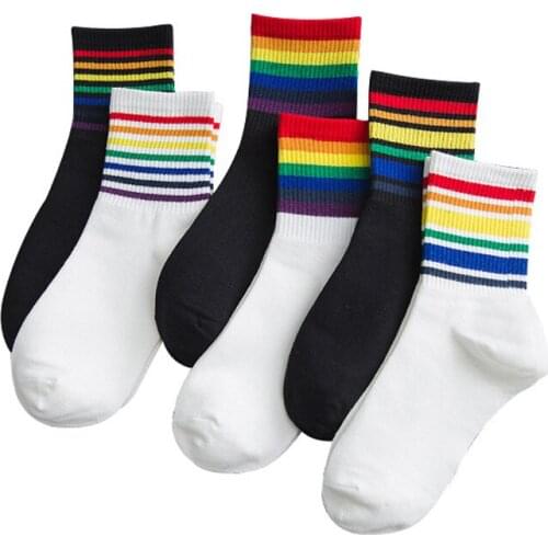 2020 Spring Women Socks Cotton Lot 6 Pairs Rainbow Colorful Stripe White Black Underwear Socks Meias Calcetines Sox 37 39